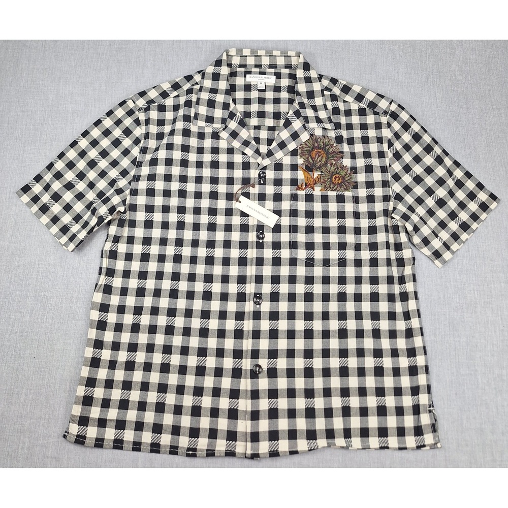 Banana Republic Mens Relaxed Gingham Floral Embroidered Camp Shirt Black White M